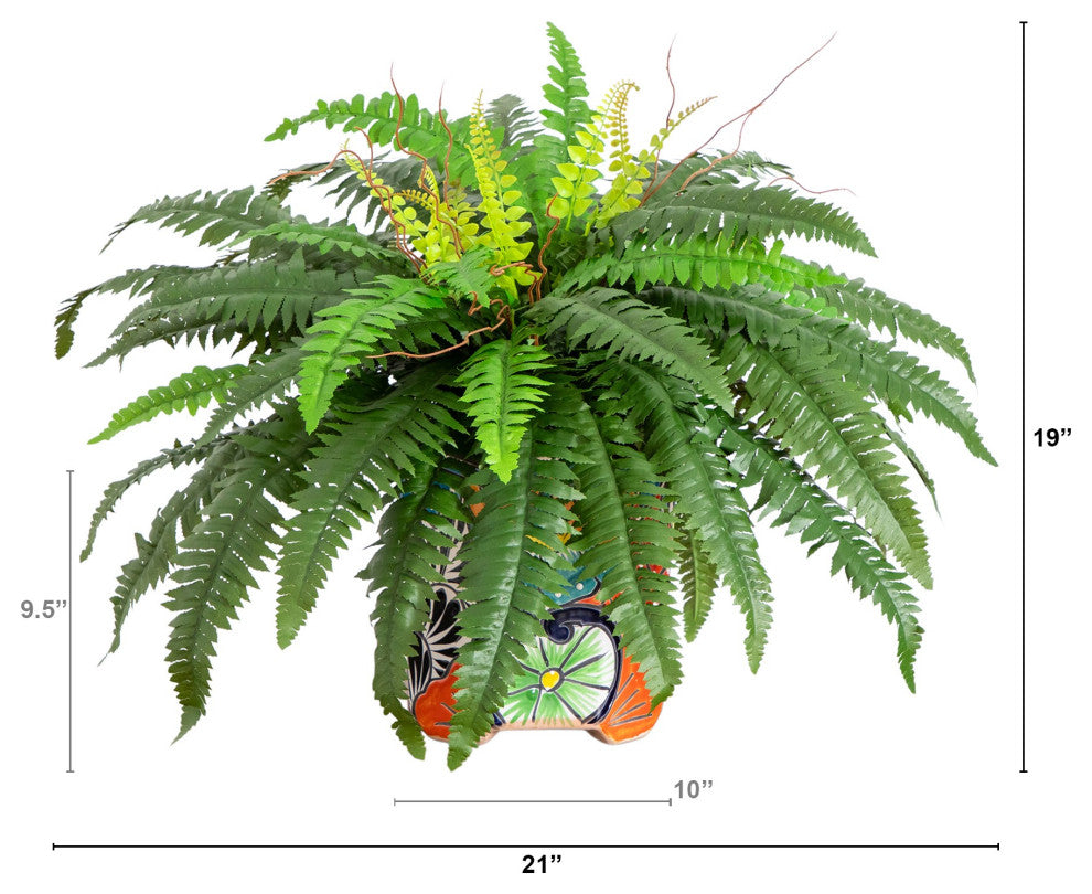 21" Artificial Boston Fern, Handmade Mexican Talavera Ceramic Planter