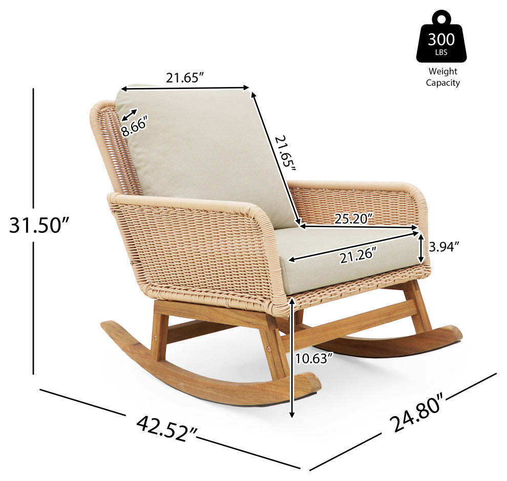 GDF Studio Outdoor PE Rattan Rocking Chair With Cushions, Beige/Natural, Single