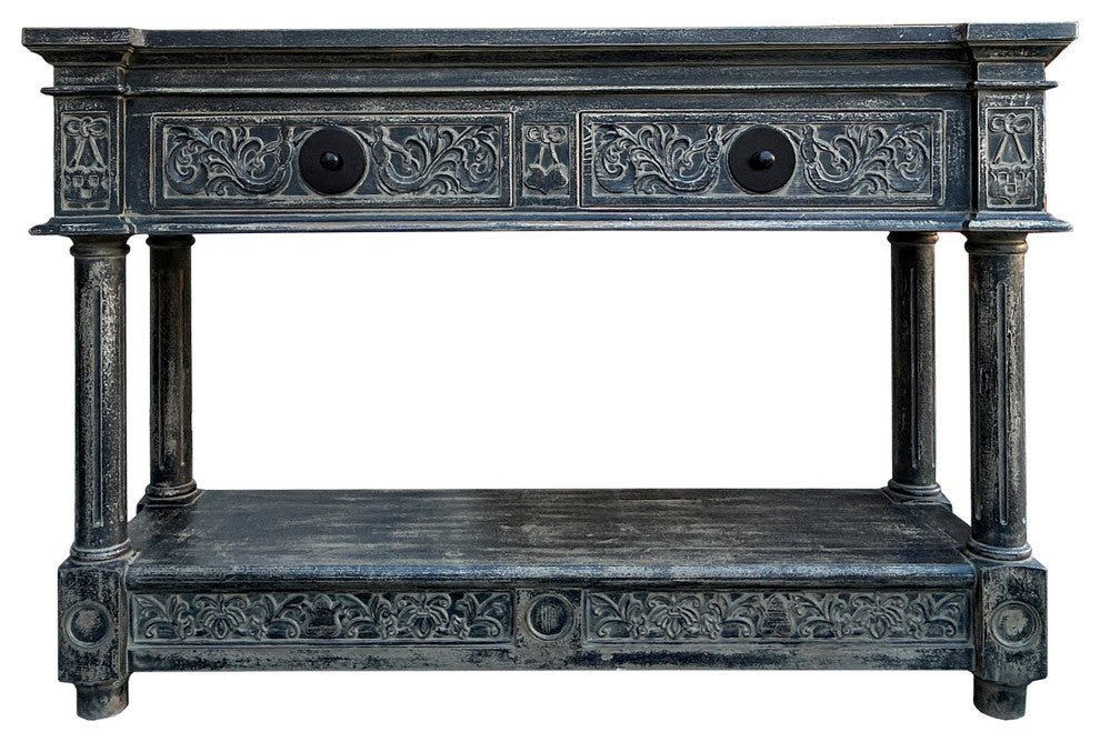 Distressed Black Gray Relief Floral Motif Tall Credenza Console Cabinet Hws4346