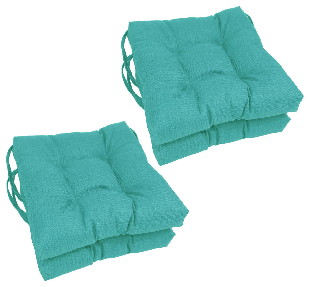 16" Polyester Solid Outdoor Square Tufted Chair Cushions, Set of 4, Aqua Blue
