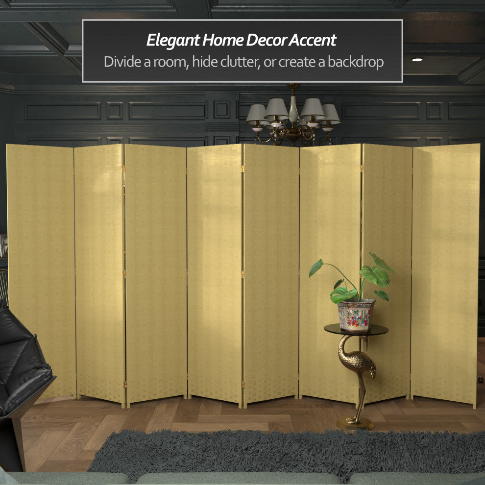 6' Tall Woven Fiber Room Divider, 8 Panel, Dark Beige