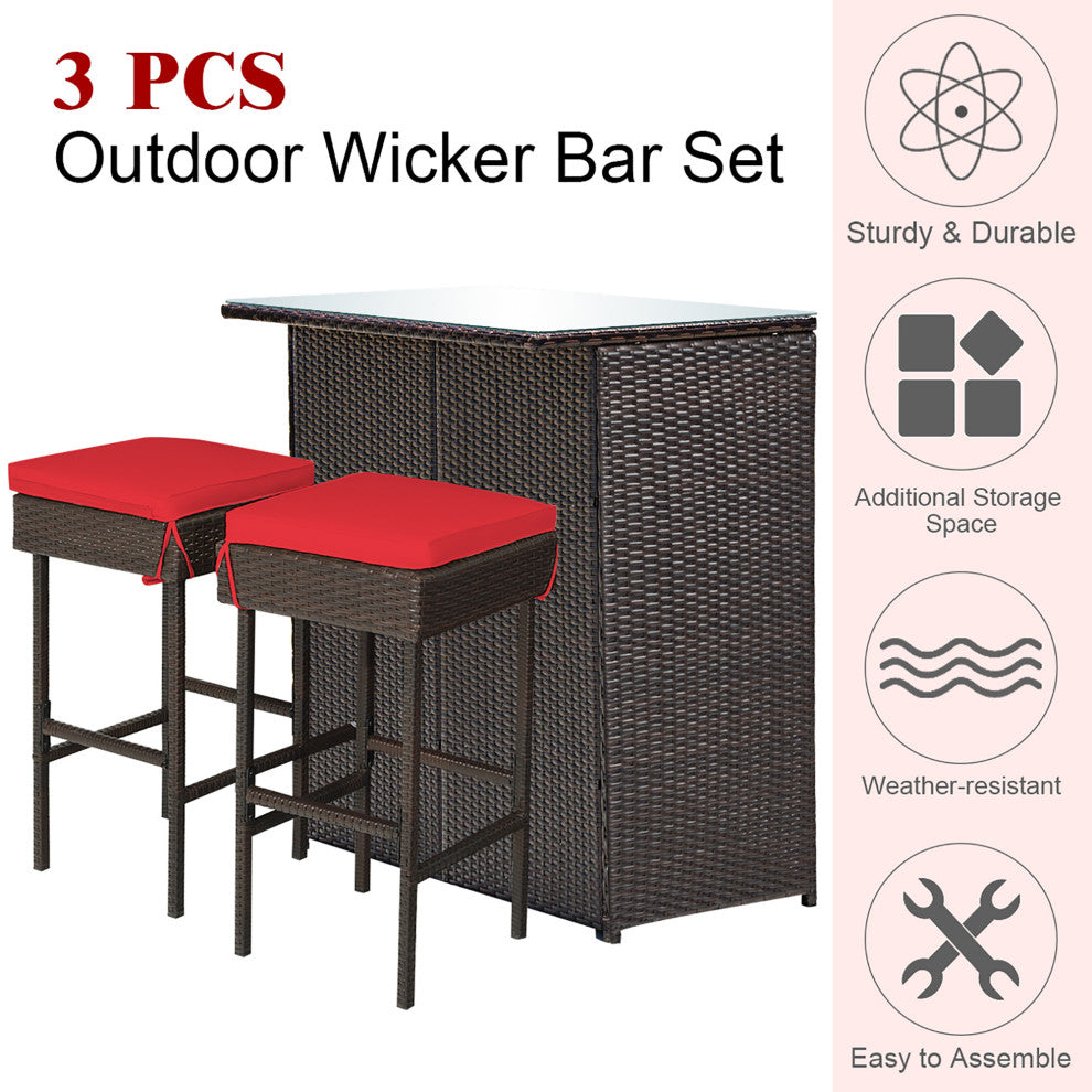 Costway 3PCS Patio Rattan Bar Table Stools Dining Set Cushioned Chairs Red