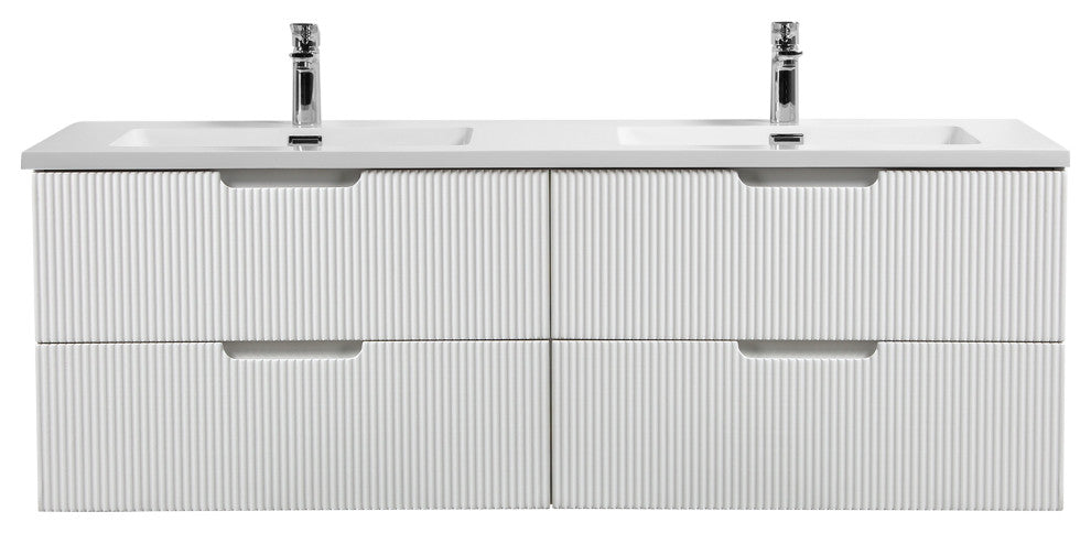 Themis Series White Wall Mount Vanity With A Integrated Sink, 60" Double