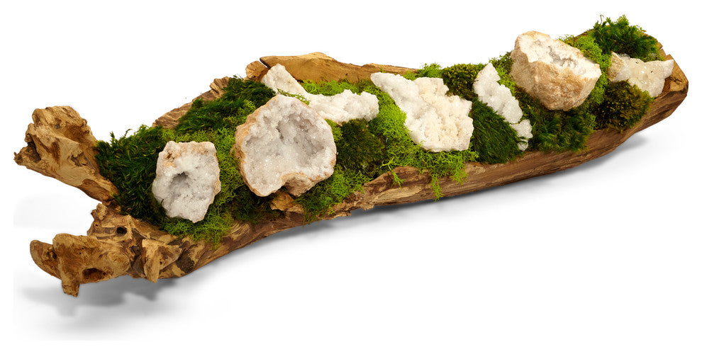 Organic moss and quartz in hand carved wood log