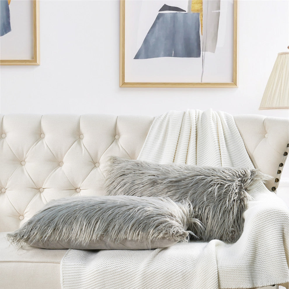 Mongolian Faux Fur Pillow Shell Set, Gray, 14"x26"