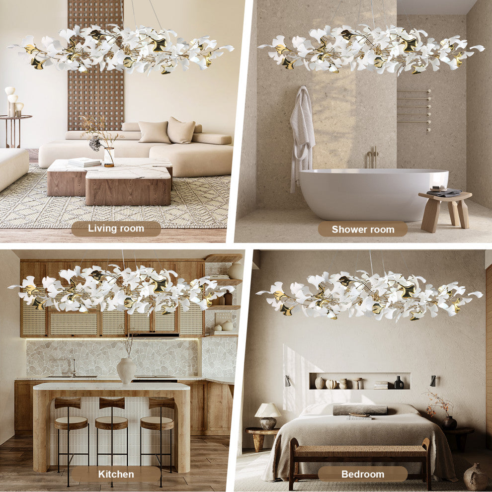 Modern Tree Branch Chandelier Ceramic Ginkgo Leaves, L98.4"