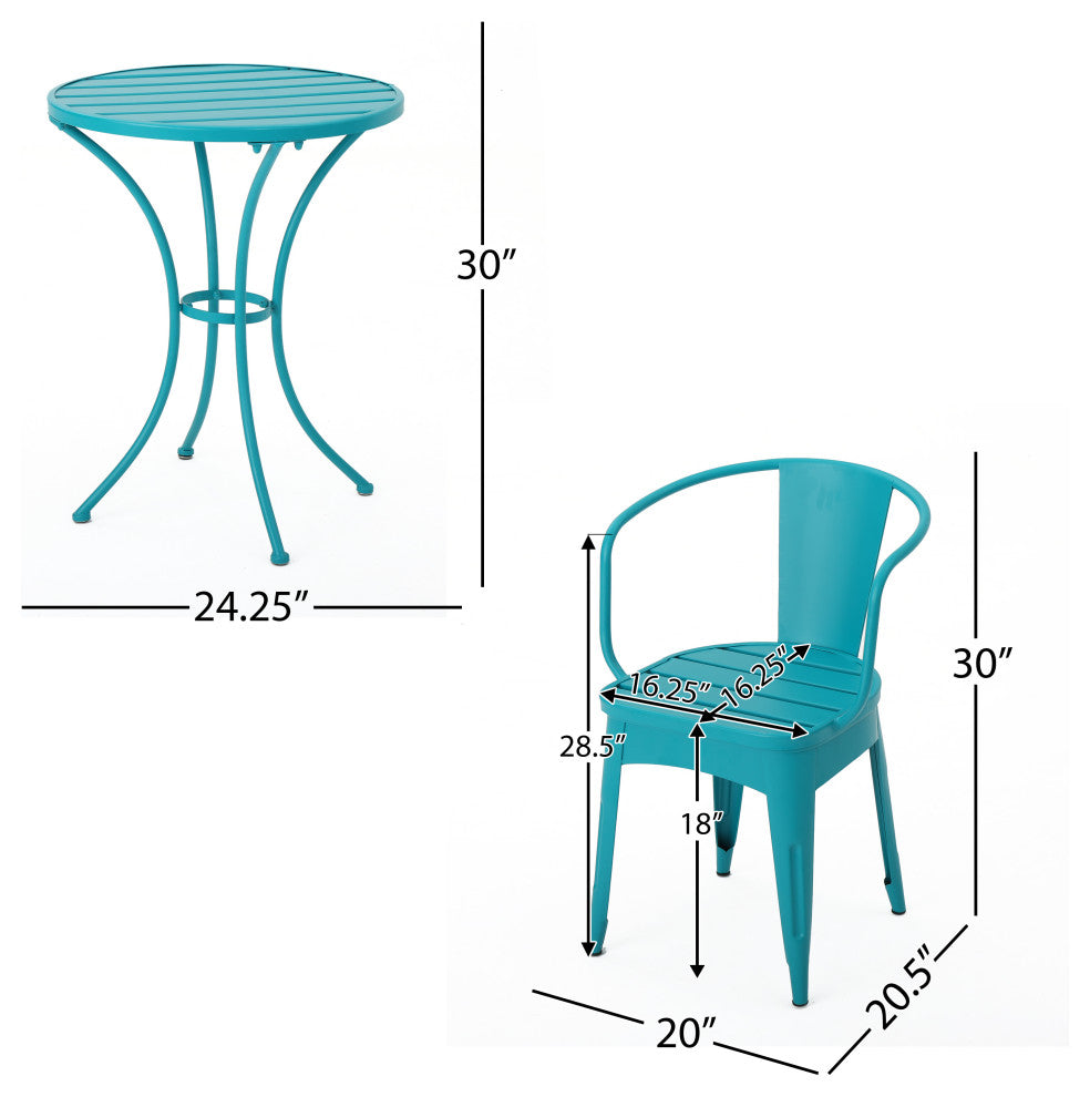 GDF Studio 3-Piece Collins Outdoor Matte Green Iron Bistro Set, Matte Teal