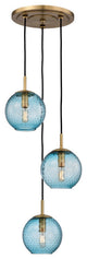 Rousseau, 3 Light, Cluster Pendant, Aged Brass Finish, Blue Glass