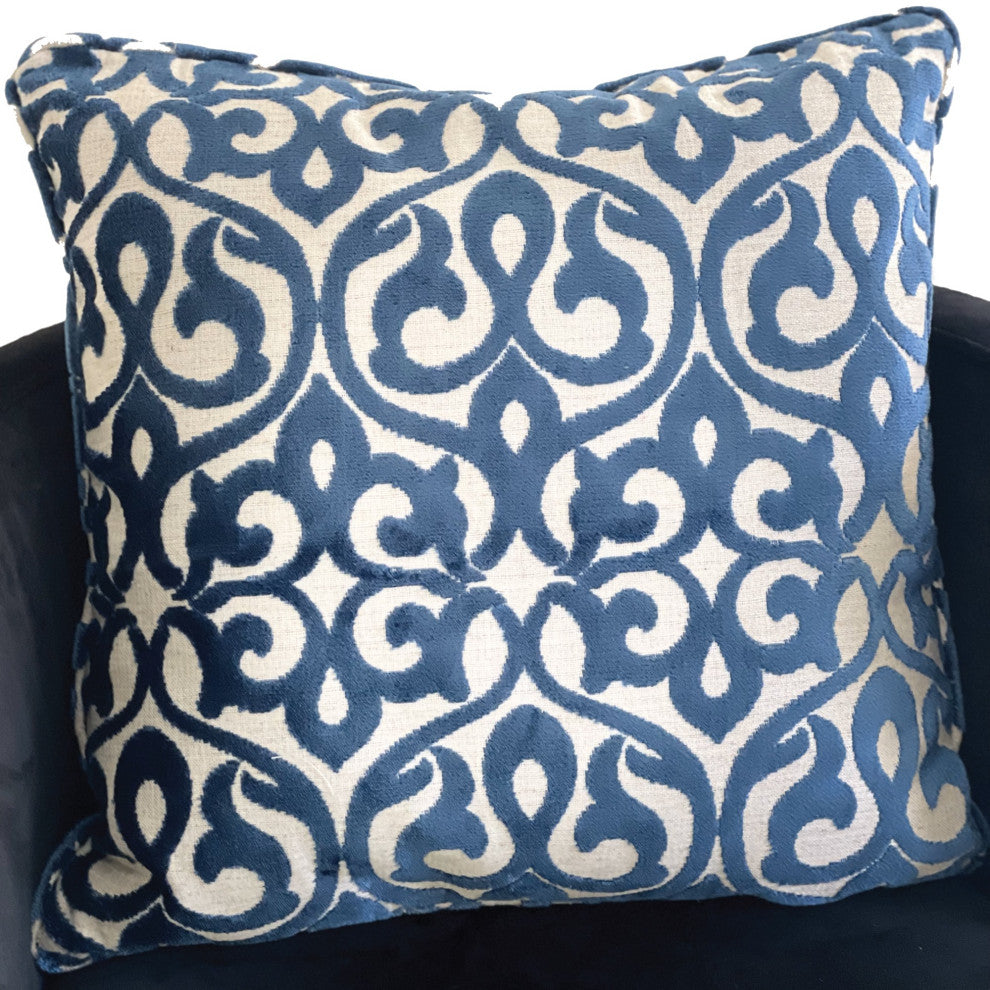 Plutus Velvety French Medallion Blue and Off White Geometric Luxury Throw Pillow, Double Sided  26"x26"