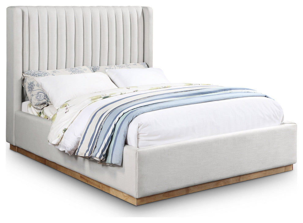 Logan Beige Linen Textured Fabric Twin Bed, Cream, Full