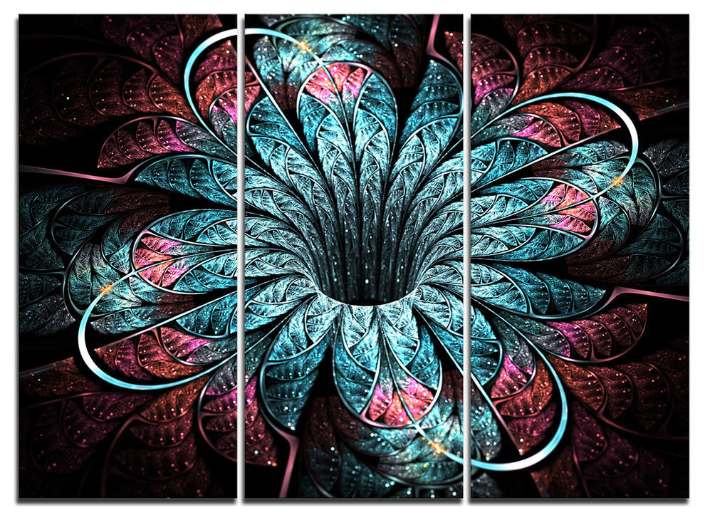 "Glittering Dark Fractal Flower Digital" Metal Wall Art, 3 Panels, 36"x28"