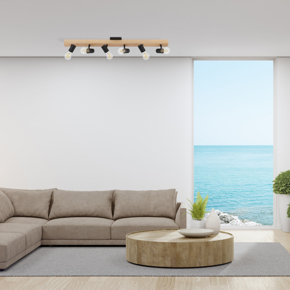 Kingswood, 6-Light Track Light, Black, Natural Finish