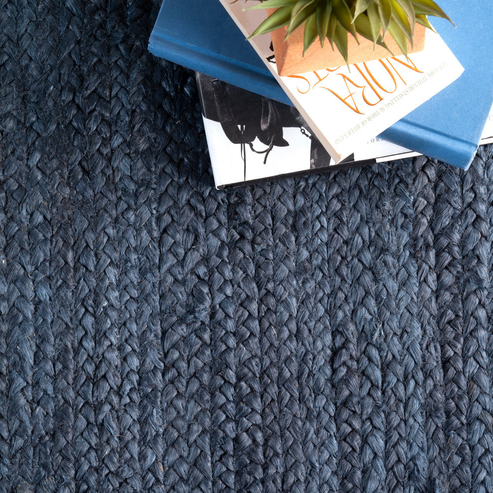 Jute Simple Border Area Rug, Blue, 6' Round