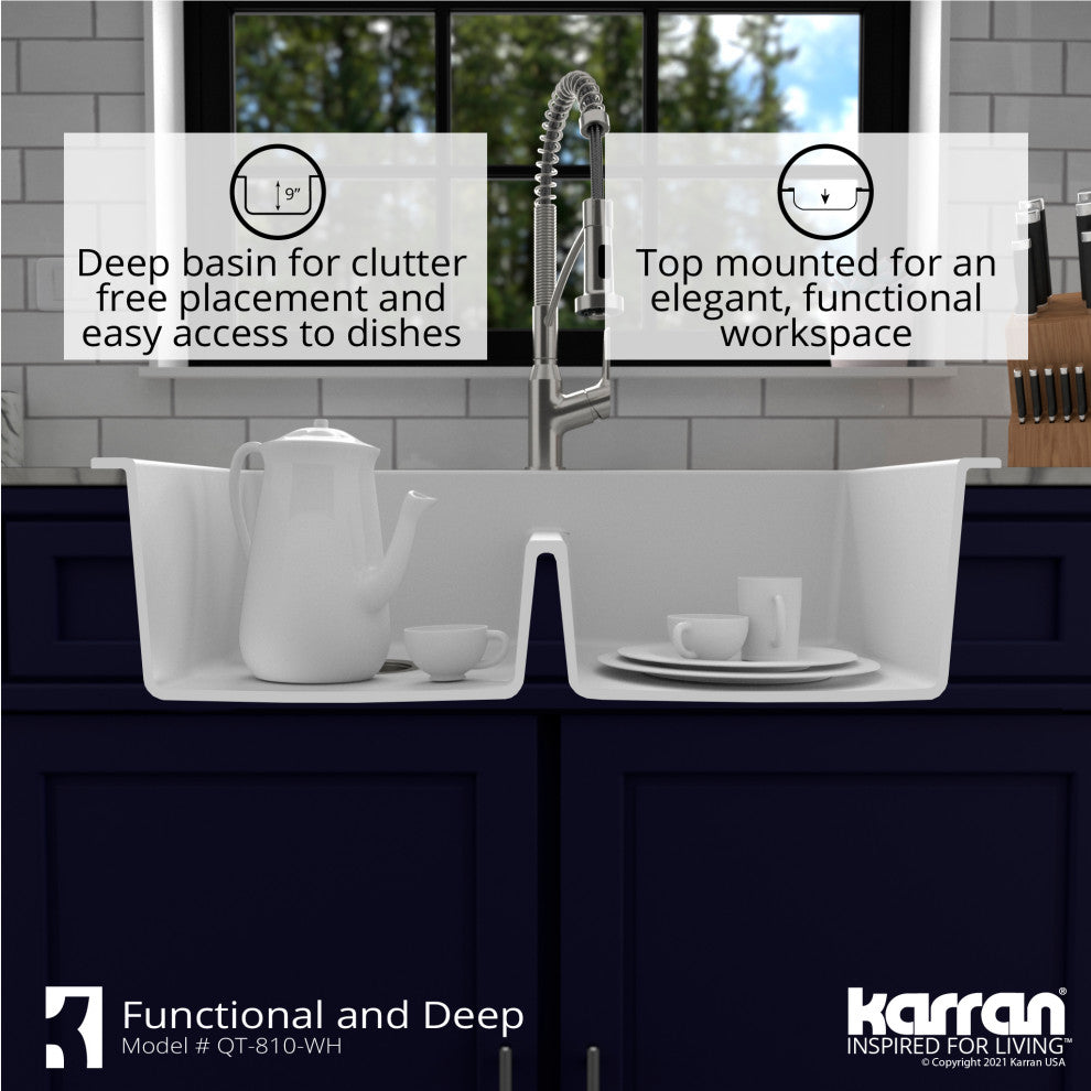 Karran 33" Top Mount Double Equal Bowl Quartz Kitchen Sink Kit, White
