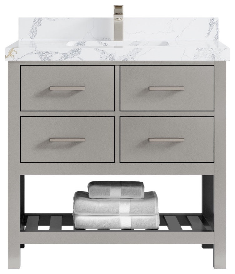Parker 36" Single Sink Bath Vanity, Elephant Skin Gray 2" Calacatta Poanazzo