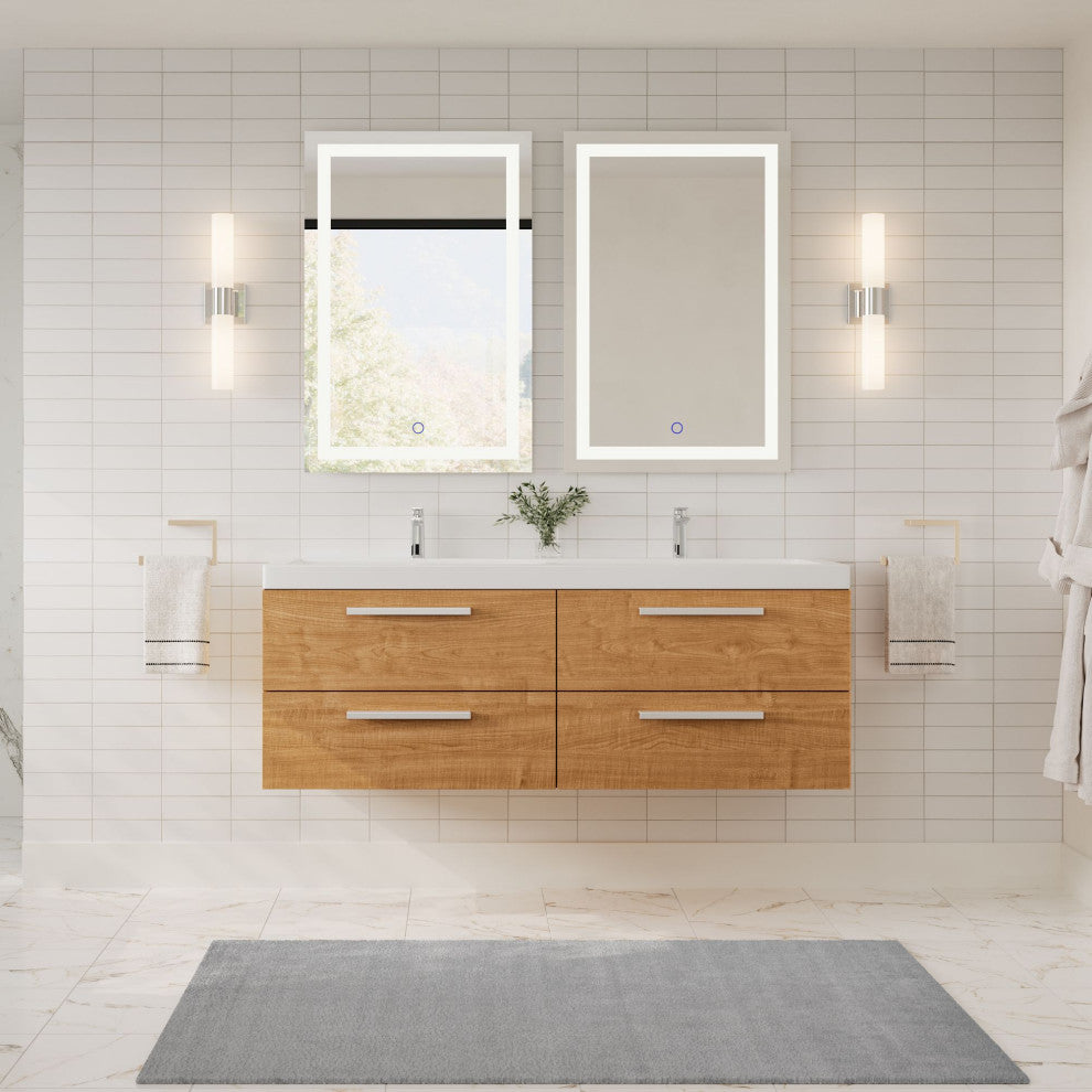 The Aeris Bathroom Vanity, Oak, 55", Double Sink, Wall Mount