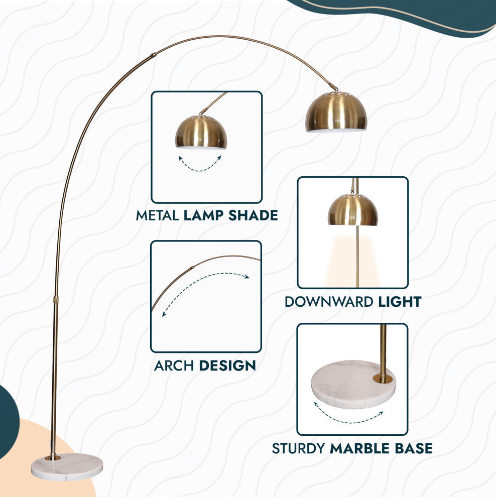 Leisuremod Arco Floor Lamp With White Marble Base and Metal Lamp Shade, Gold