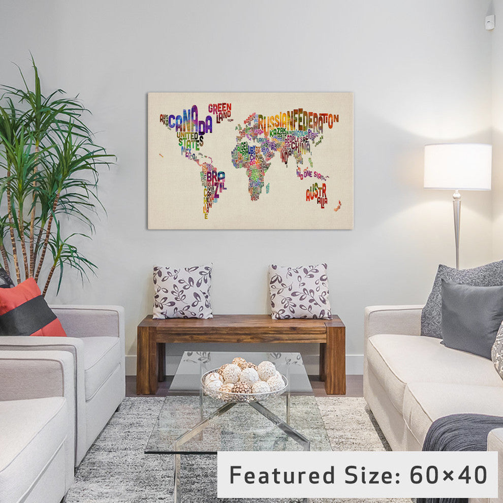 "Typographic Text World Map VIII" Wrapped Canvas Print, 40x26x1.5