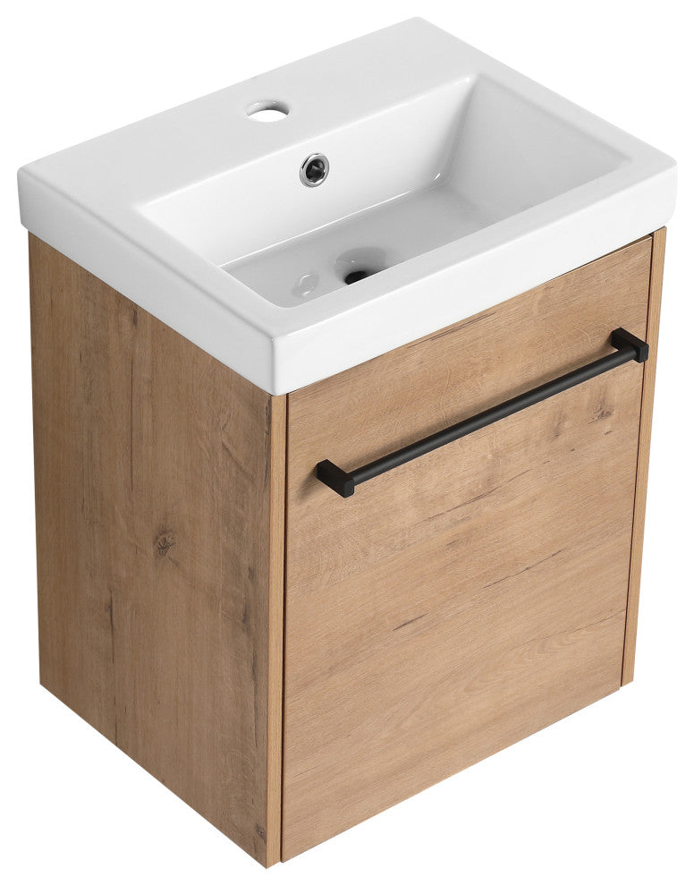 GDF Studio 18" Wall-Mounted Vanity, Ceramic Sink, Imitative Oak