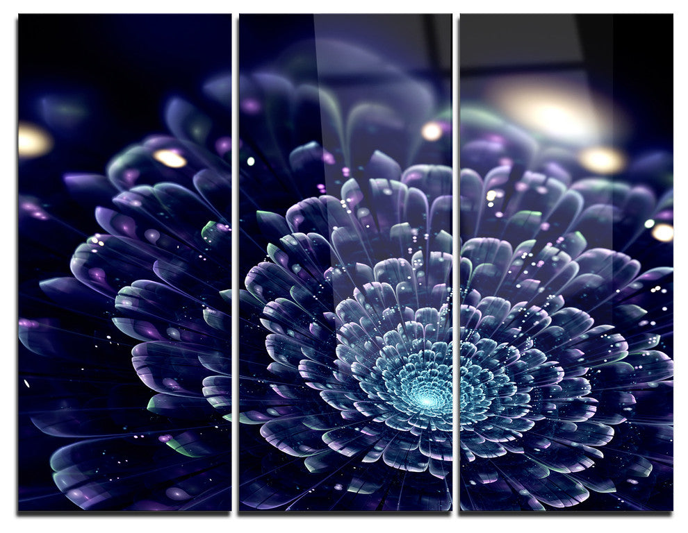 "Dark Blue Abstract Fractal Flower" Digital Metal Wall Art, 3 Panels, 36"x28"