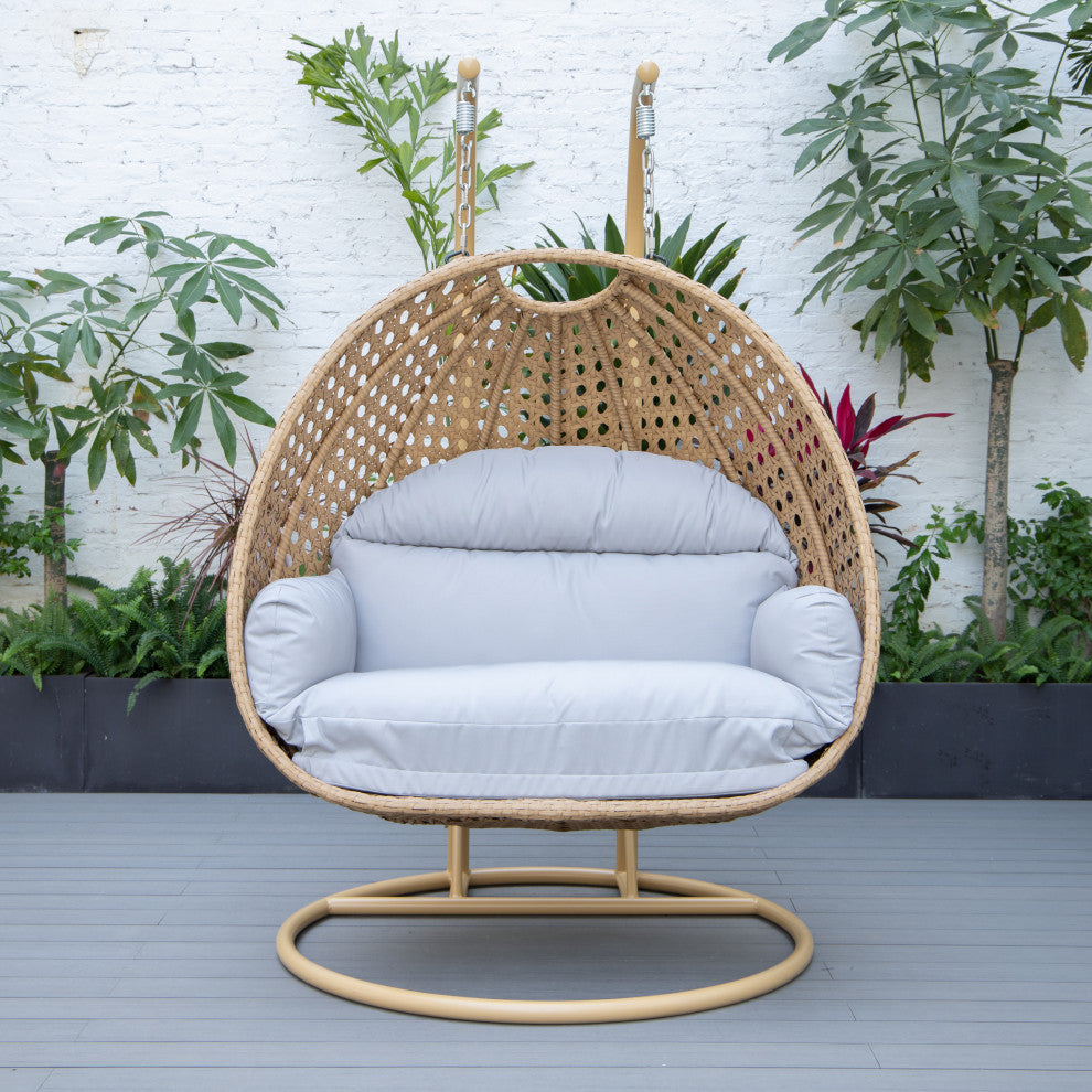 LeisureMod Mendoza Light Brown Wicker Hanging Double Egg Swing Chair, Light Gray