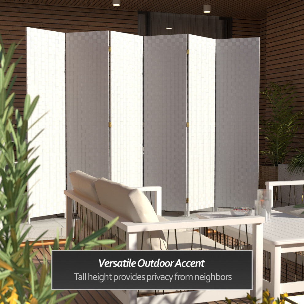 6 ft. Tall Woven Fiber Outdoor All Weather Room Divider 6 Panel White