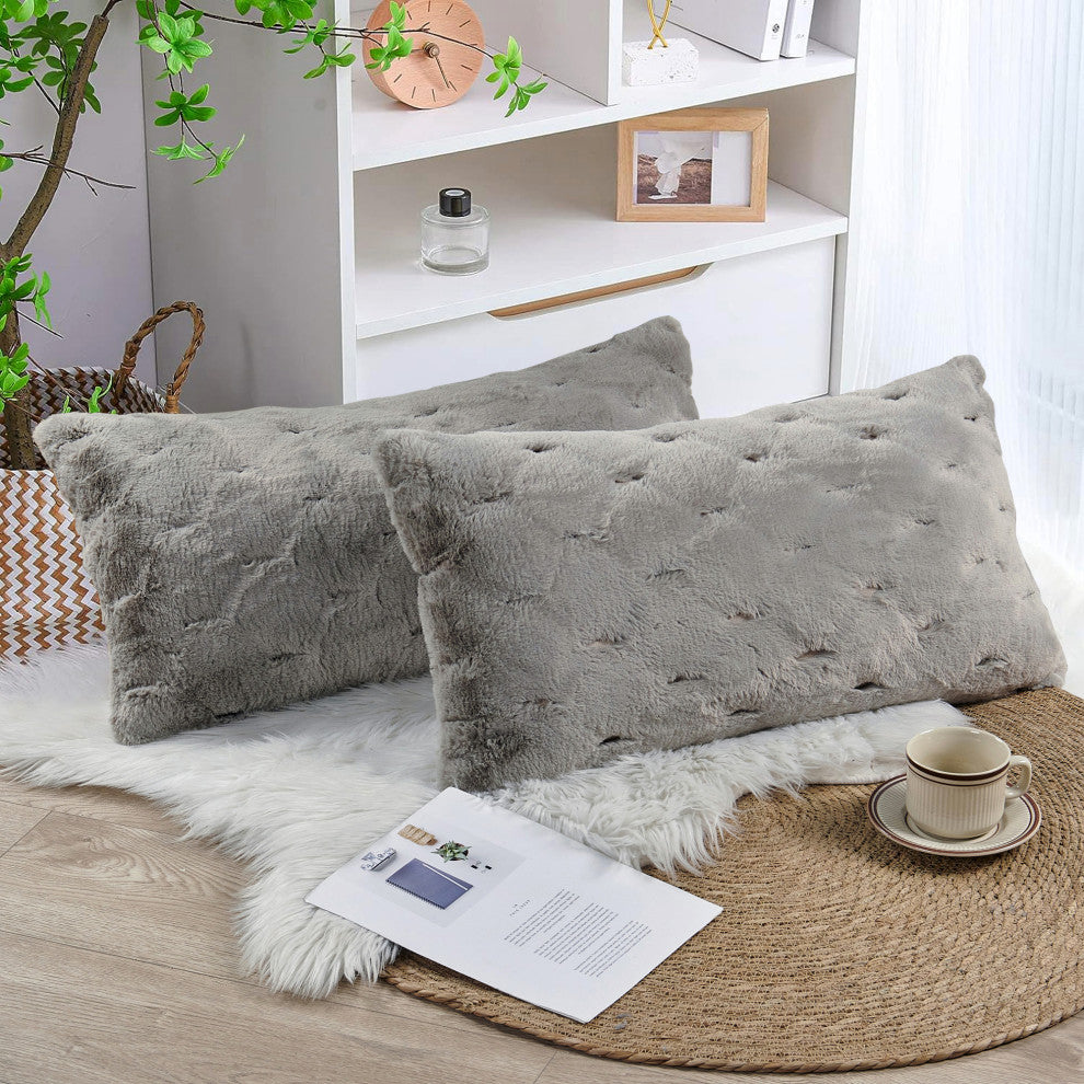 Jacquard Rabbit Faux Fur Pillow Cover 2 Piece Set, Grey, 14" X 26"