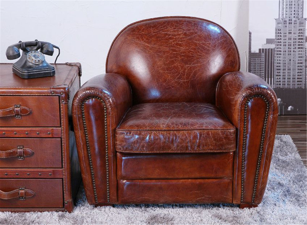 Pasargad Home Genuine Leather Paris Club Chair, Brown