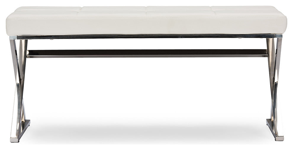 Herald Stainless Steel and White Faux Leather Upholstered Rectangle Bench