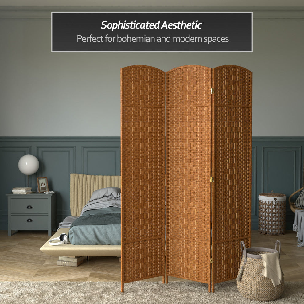 7' Tall Diamond Weave Room Divider, Dark Beige, 3 Panels