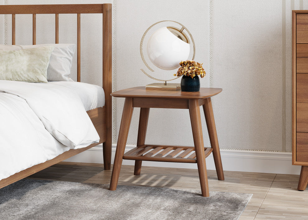 Modern Nightstand With Shelf and Drawer, Walnut Stain