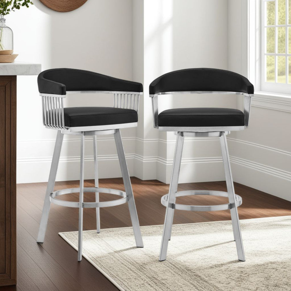 Chelsea Black Faux Leather and Brushed Stainless Steel Swivel Bar Stool, 30"