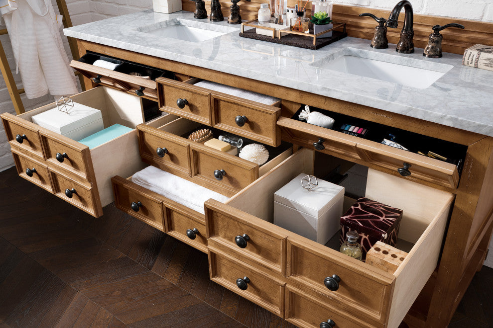 Malibu 72" Honey Alder Double Vanity, Carrara Marble Top