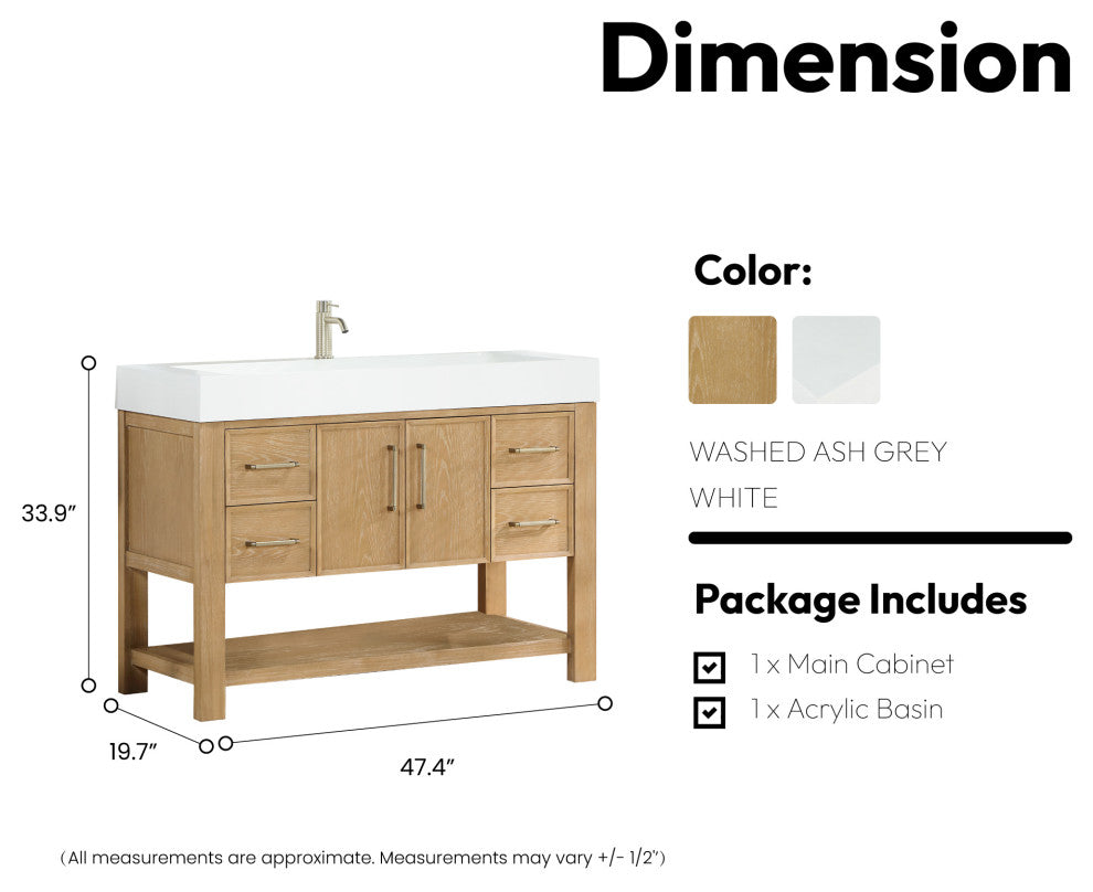 Vera Bath Vanity with Stone Top, Washed Ash Grey, 48", Single Vanity, No Mirror