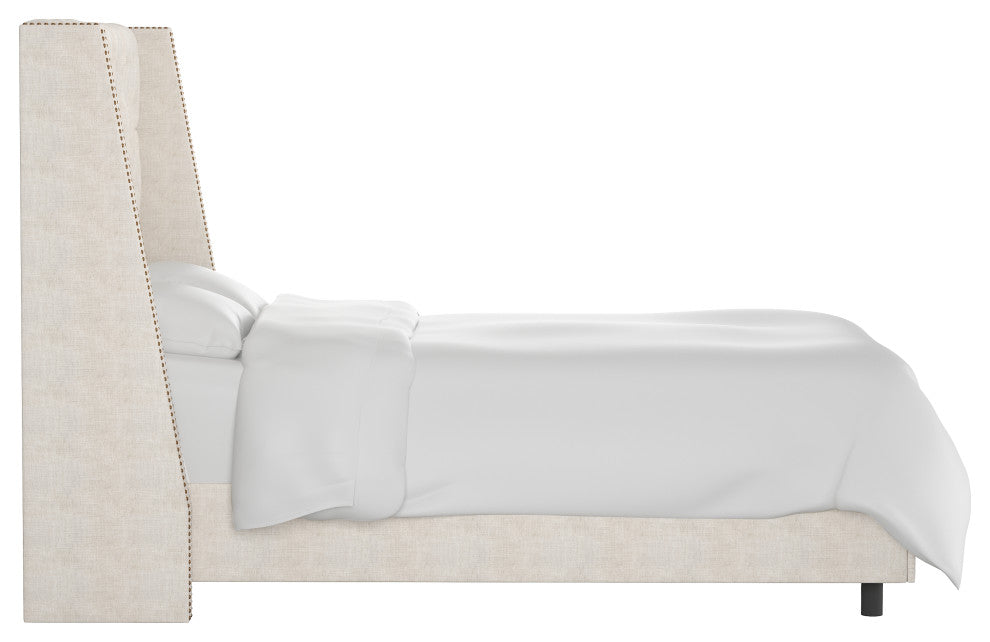 Williams Full Nail Button Wingback Bed, Linen Talc