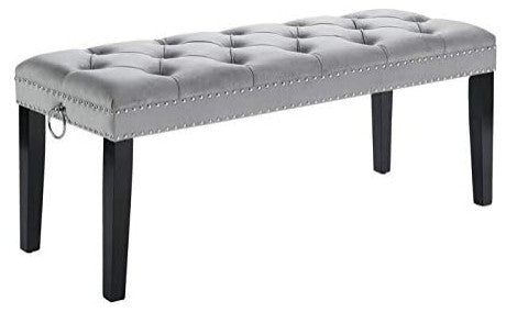 Contemporary Dining Bench, Tapered Legs and Tufted Seat With Nailhead Trim, Gray