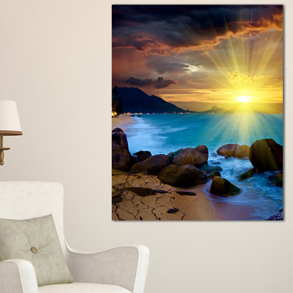 "Bright Yellow Sun Over Blue Waters" Modern Beach Canvas Art Print, 30"x40"