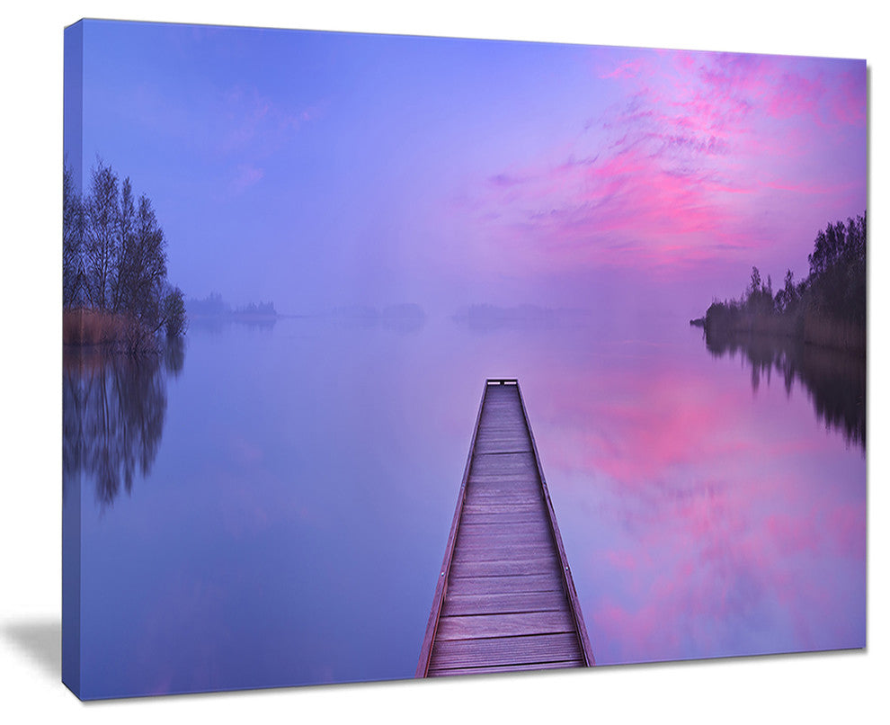 "Jetty in A Dawn Lake" Wooden Sea Bridge Canvas Wall Art, 40"x30"