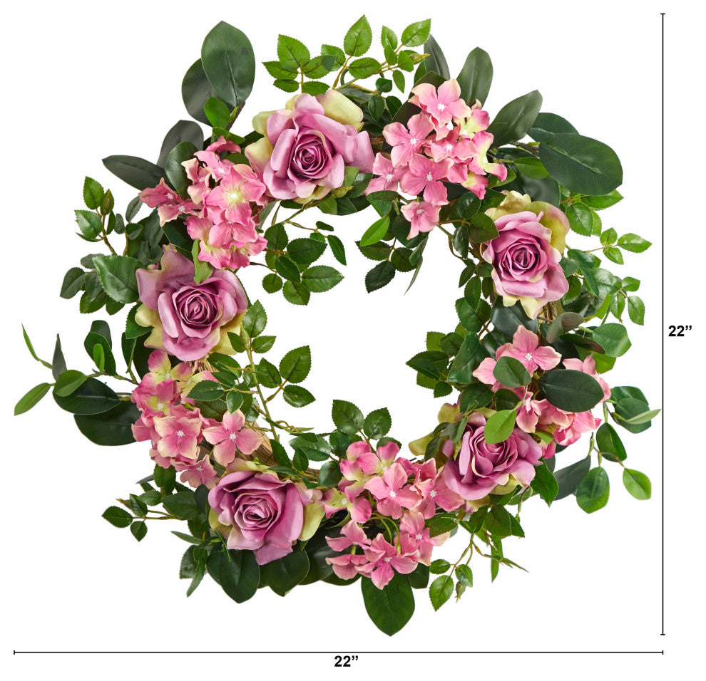 22" Pink Hydrangea and Rose Artificial Wreath