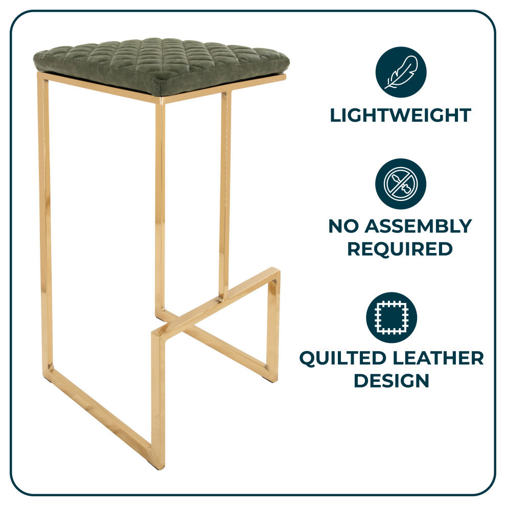 Quincy Leather Barstool Square Seats and Gold Metal Frame, Olive Green