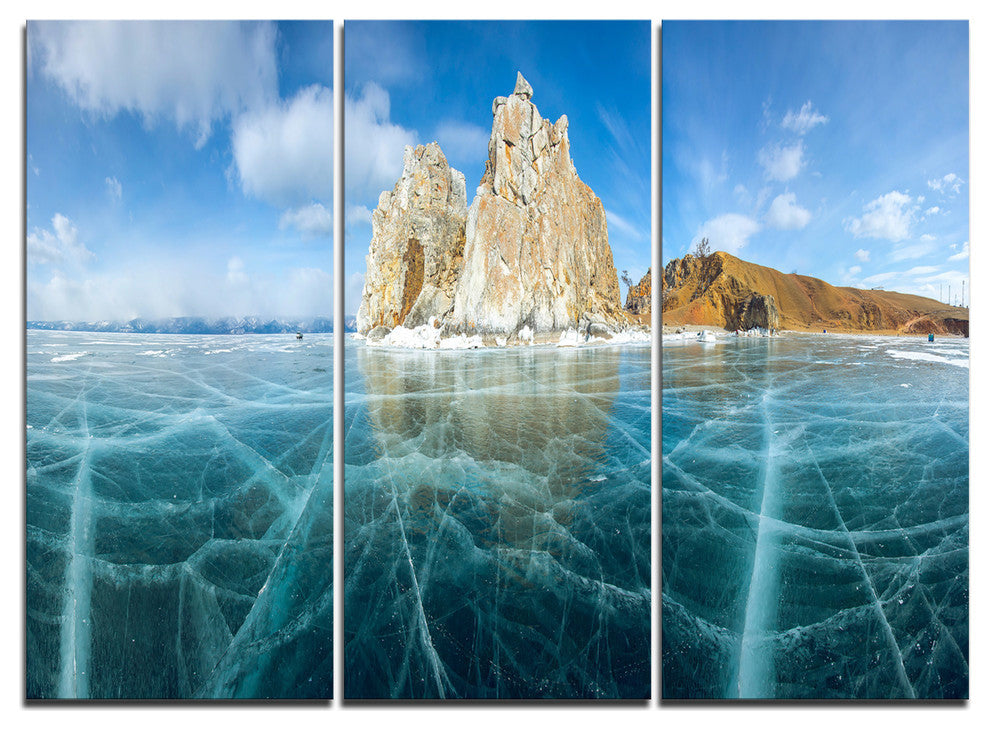 "Lake Baikal Ice and Rocks Panorama" Metal Wall Art, 3 Panels, 36"x28"