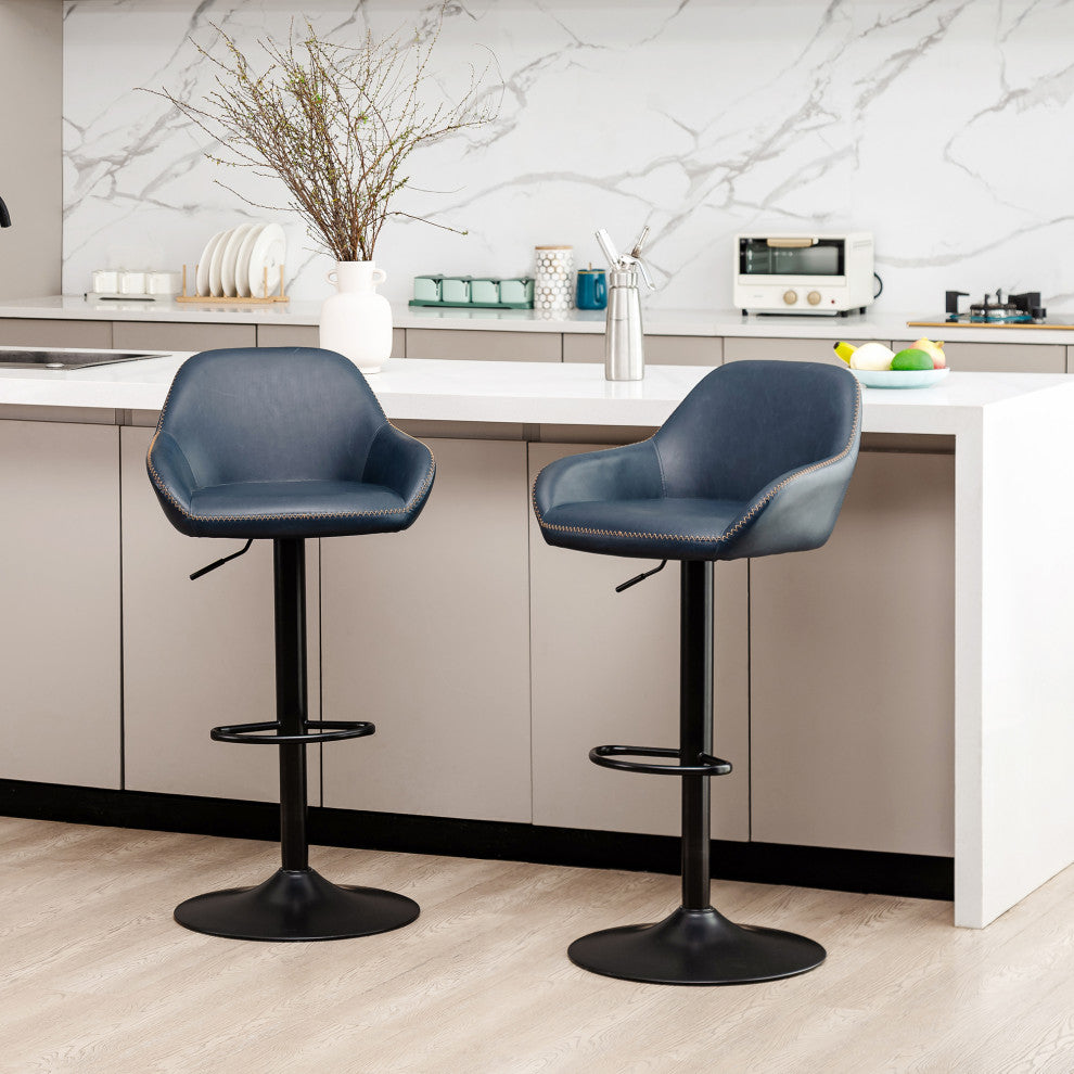 Vintage Navy Blue Leatherette Gaslift Adjustable Swivel Bar Stool, Set of 2