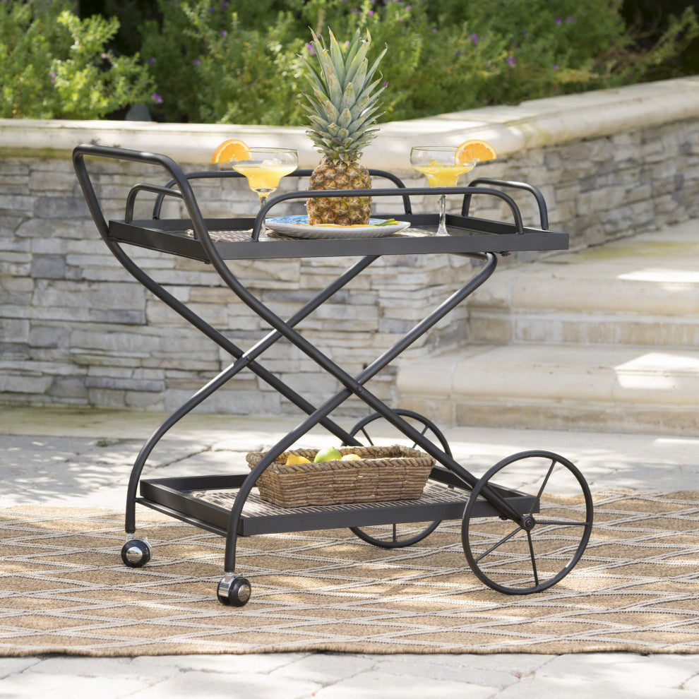 GDF Studio India Outdoor Black  Iron Bar Cart With Tempered Shelve