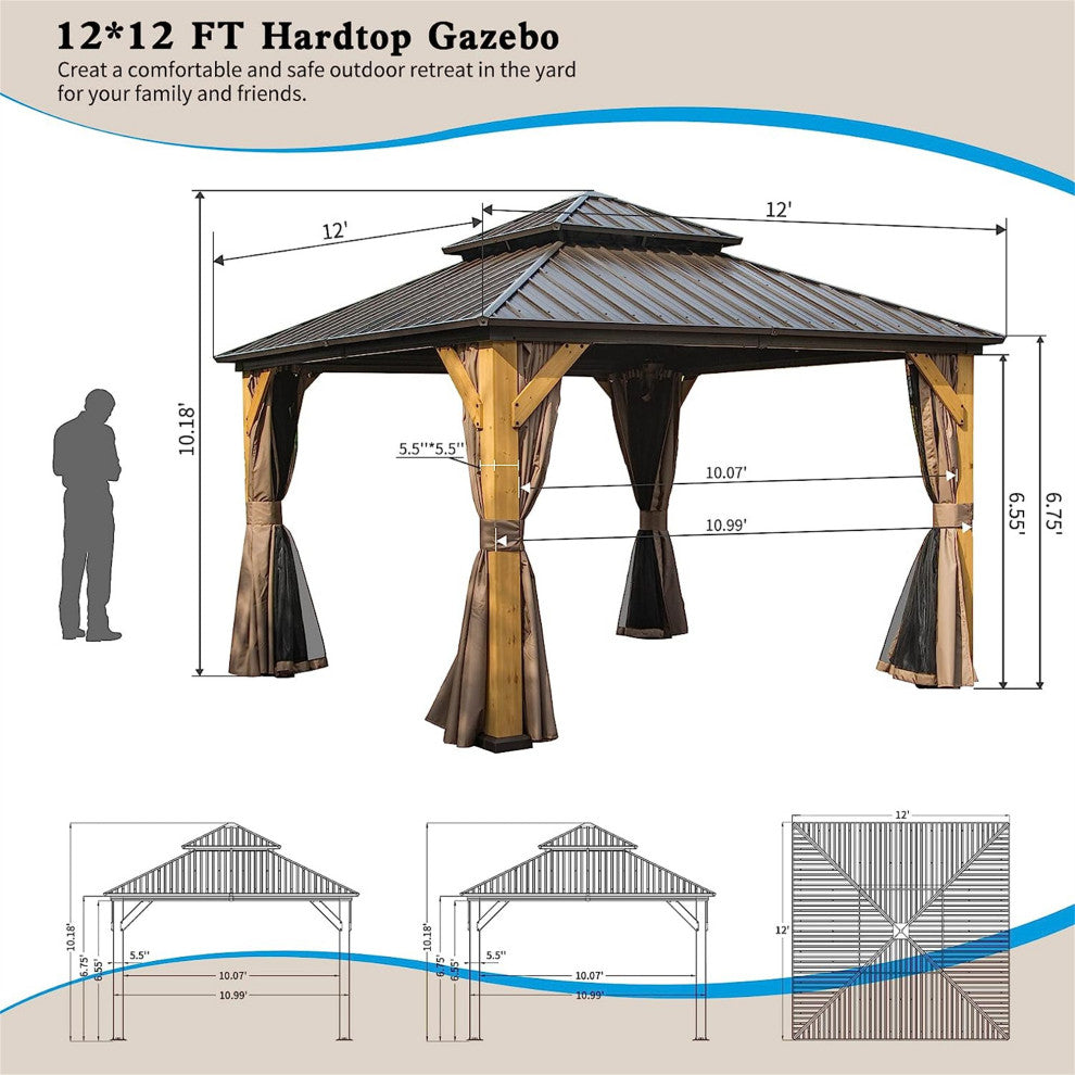 Cedar Wood Gazebo with Galvanized Steel Double Roof, 12'x12'