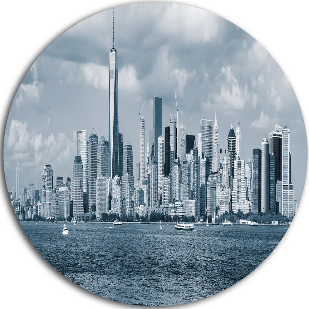 Lower Manhattan Panorama Black White, Cityscape Round Wall Art, 11"
