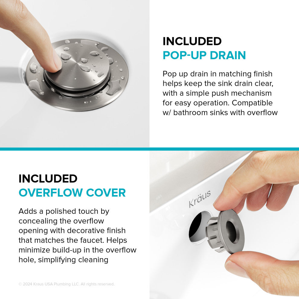 KRAUS Indy 2-Handle 3-Hole Centerset Bathroom Faucet Spot Free BN, PU Drain