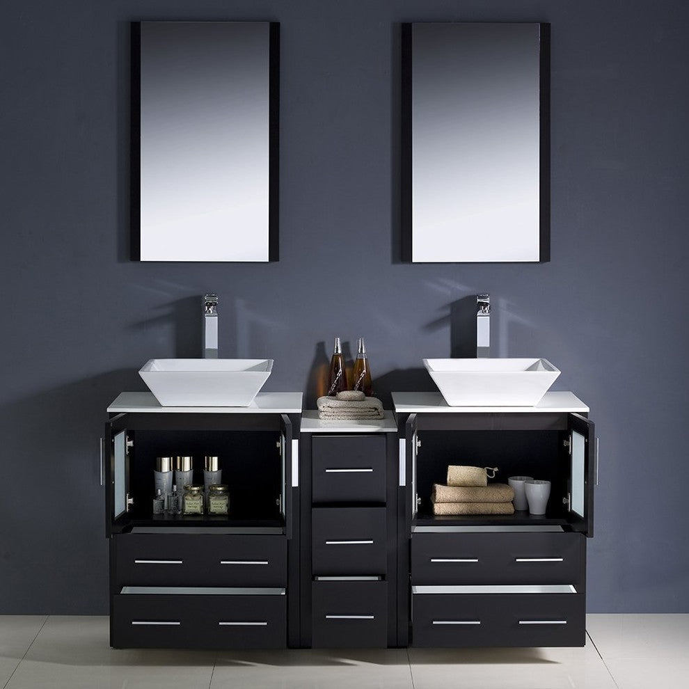 Torino 60" Espresso Modern Double Sink Bathroom Vanity, Faucet FFT1044CH