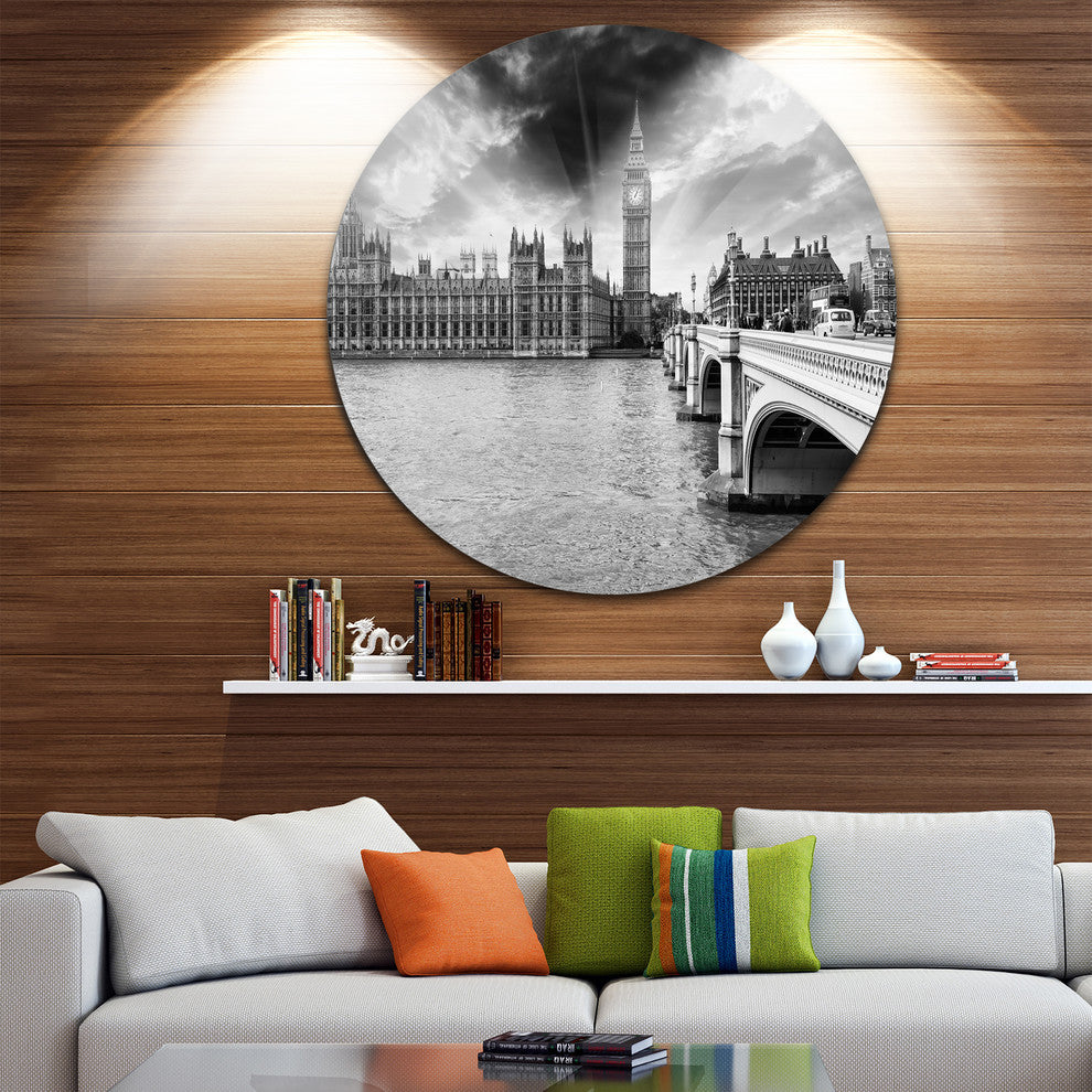 Westminster Palace In Gray Shade, Photography Round Metal Wall Art, 11"