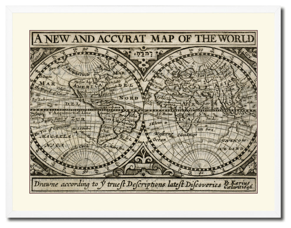 The World Vintage Old Map Print On Canvas With Picture Frame 28" X 37"