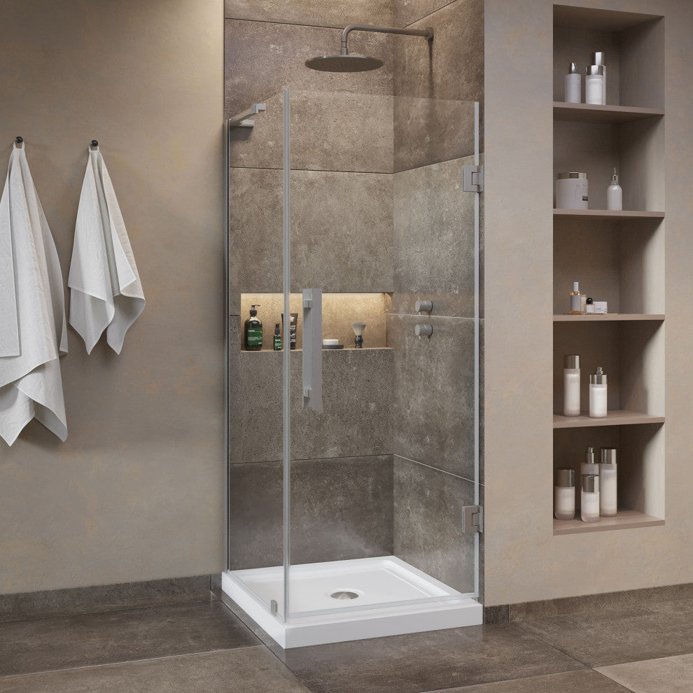 Panama 32"Wx32"Dx74 3/4"H Corner Hinge Shower Kit Black Base, Satin Nickel, 32"